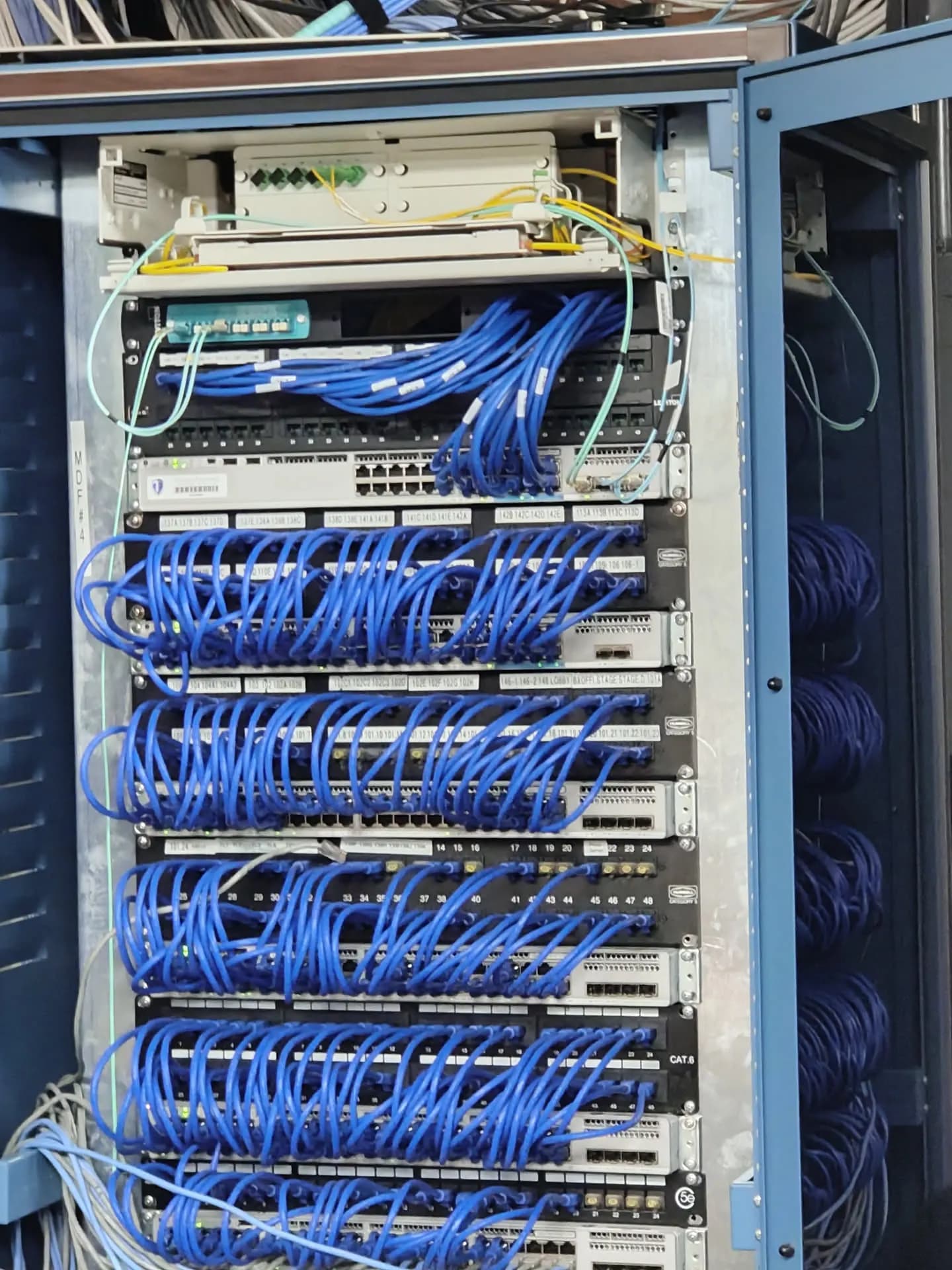 IDF, dressed and labeled. Patch panels landed, color-coded, documented
